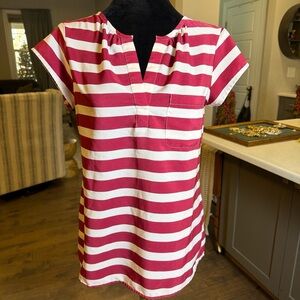 LOFT Raspberry and White Striped Short Sleeve Tee